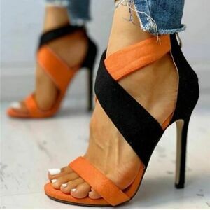 BRAND NEW SUEDE ORANGE &BLACK STRAPPY HEEL SANDAL